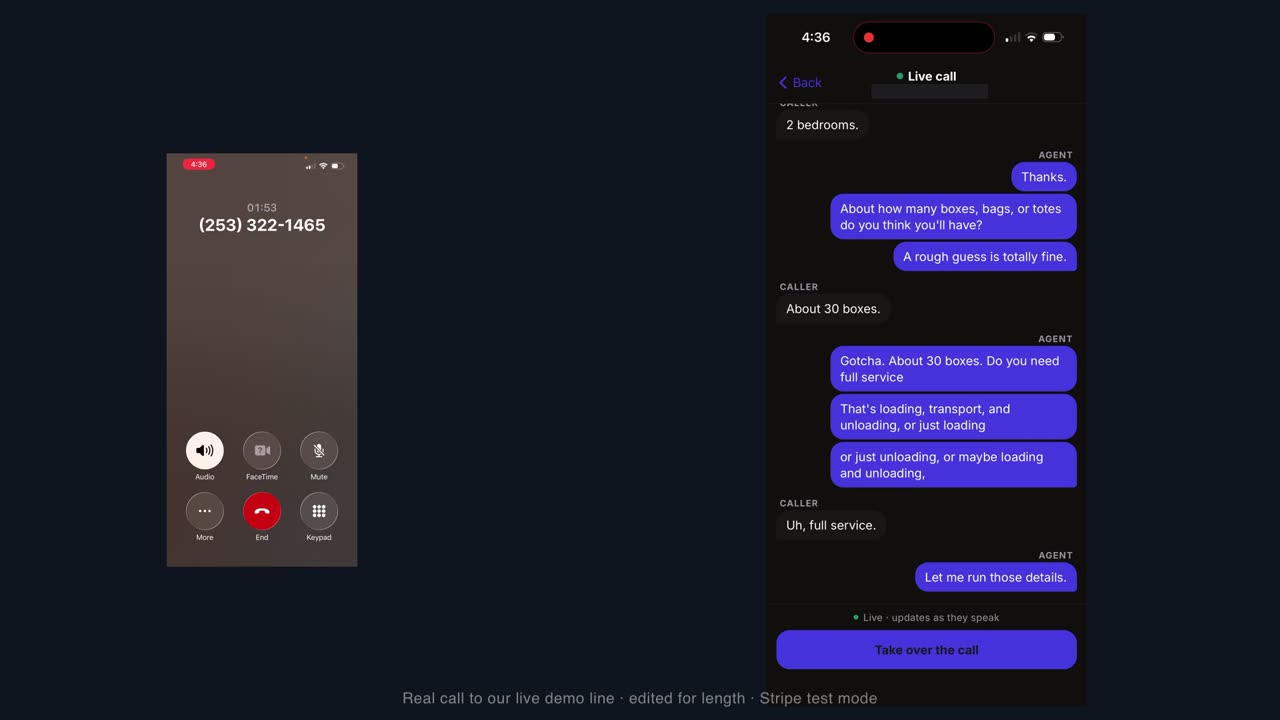 Two phone screens: a live call to the DialMove demo line and its transcript